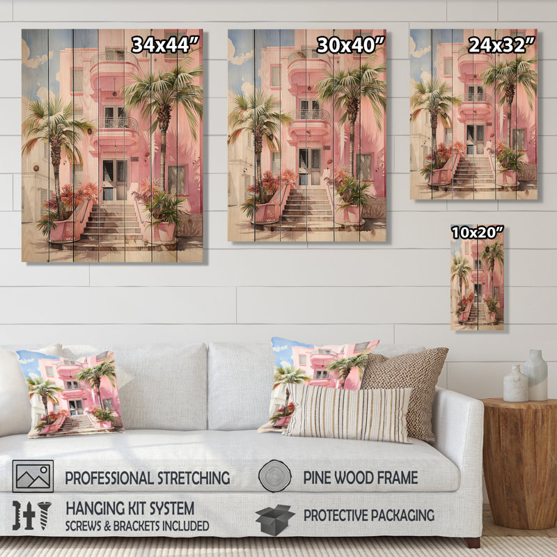 Pink Miami Artful Facades II sur bois, H 40 po x l 30 po x P 0,78 po