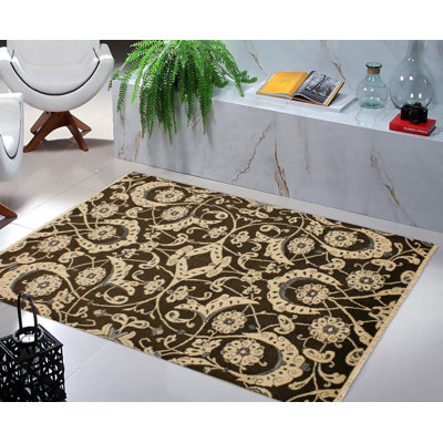 Tapis brun floral en laine noué à la main 4 pi 1 po x 6 pi 2 po Floral