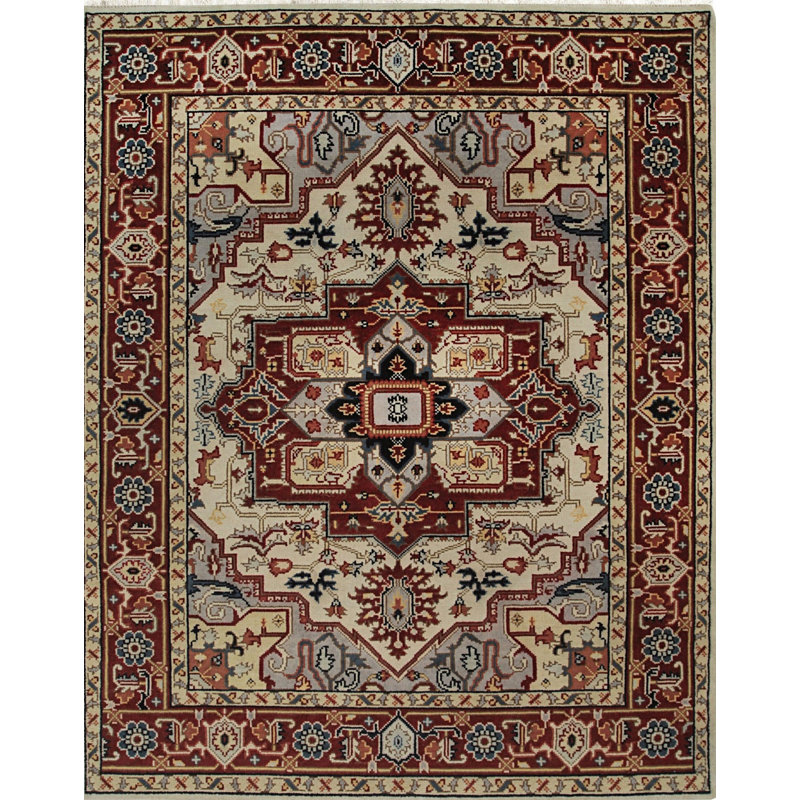 Ivory Hand-Knotted Wool Floral Bordered Medallion Geometric Modern Contemporary Carpet Rug, 8' x 10'