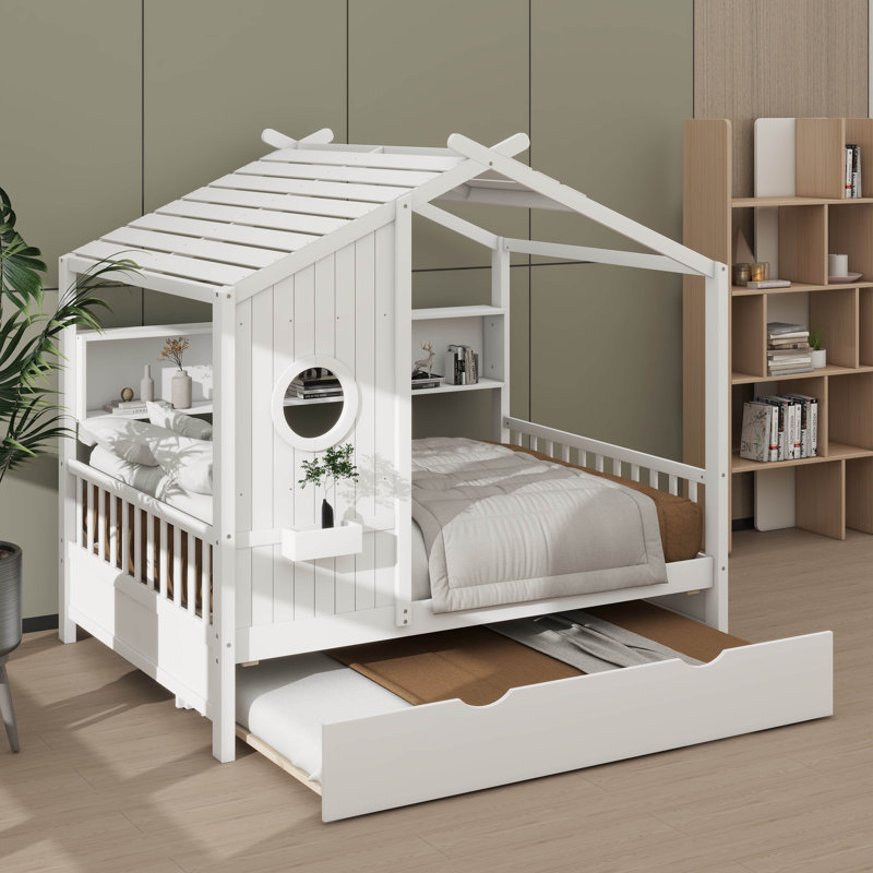 Lit double en bois de style moderne avec lit gigogne et tablette de rangement, Lit double, Blanc