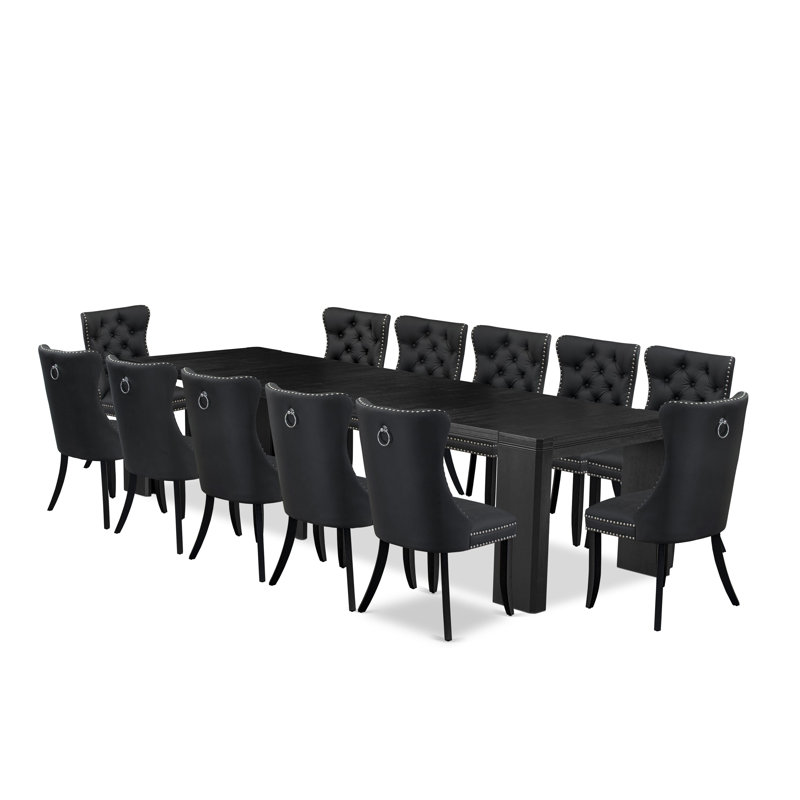 Ensemble de table de salle à manger 13 pièces comprenant une table de salle à manger rectangulaire et 12 chaises en tissu de polyester gris foncé, finition noire brossée.