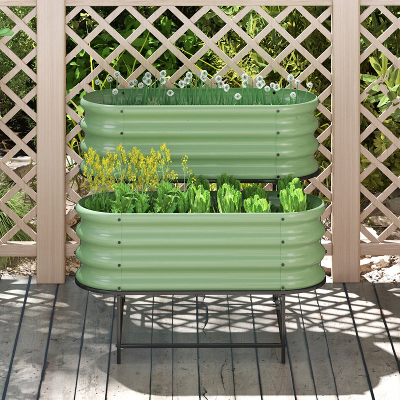 Jardinière galvanisée surélevée à 2 niveaux, bac à fleurs ovale d'extérieur pour légumes, fleurs et fines herbes, Vert