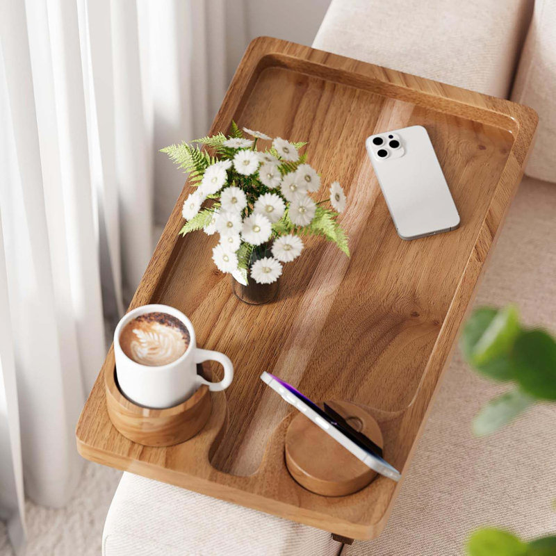 Acacia Wood Sofa Arm Table - 3 In 1 Tray With 360 Phone Holder, Foldable Cup Holder, Clip On Side Table For Wide Couch, Armrest Organizer For Eating/Drink/Snack/Remote
