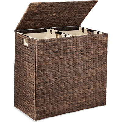 Handwoven Water Hyacinth Laundry Hamper with Lid – Espresso Woven Basket with Washable Liner