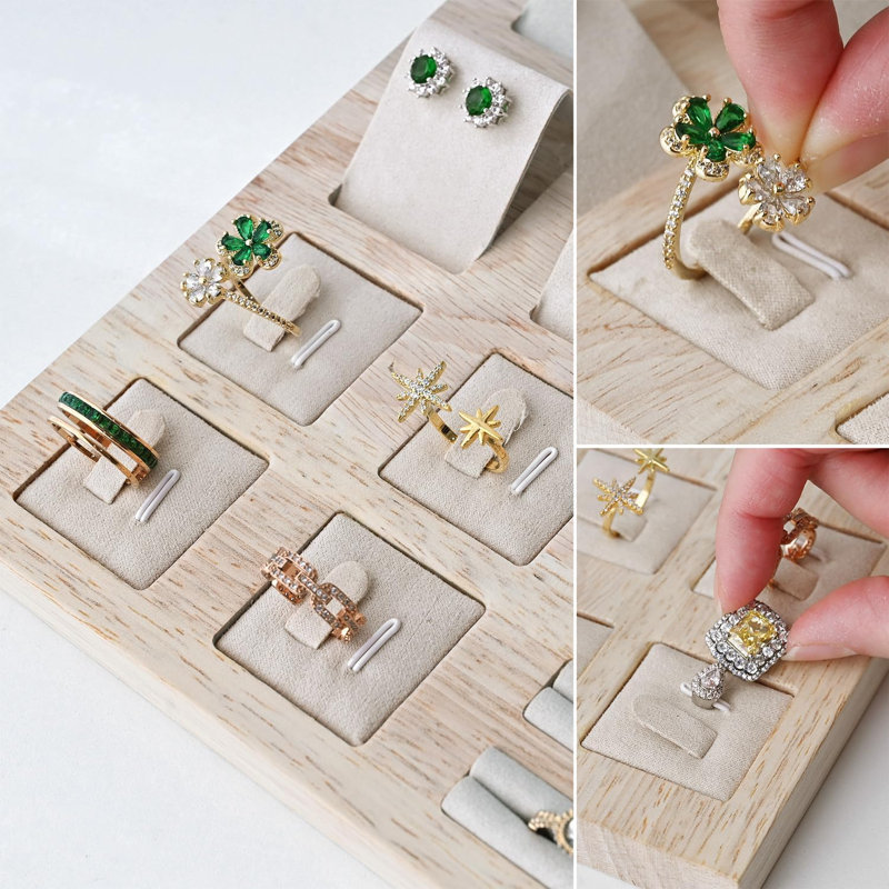 Ensemble de présentoir à bijoux en bambou - Organisateur amovible et polyvalent pour bagues, boucles d'oreilles, colliers et pendentifs, suède beige