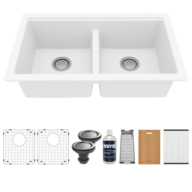 Quartz Undermount Sinks 32.5'' L Double Bowl Kitchen Sink, White