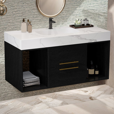 Meuble-lavabo flottant de 40 po avec lavabo, meuble-lavabo mural en bois massif avec tiroirs et armoires de rangement, lavabo en céramique intégré inclus.