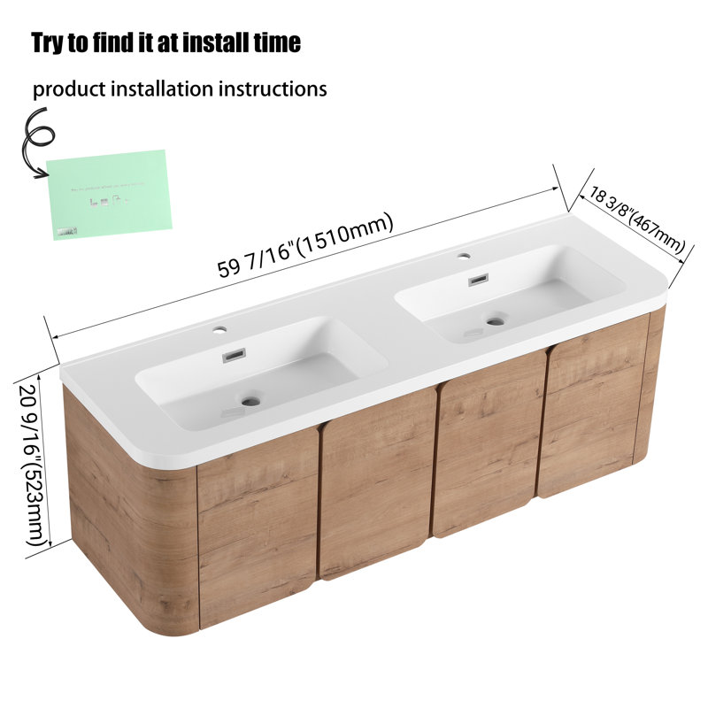 Meuble-lavabo double 60 po avec plateau en résine et portes à fermeture en douceur 60 po, 60"
