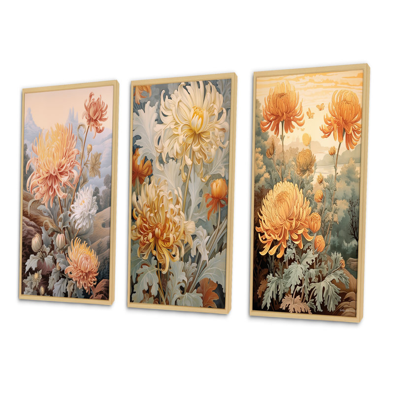 «Blooming White Orange Orange», art mural 3 pièces Wildflowers, Cadre naturel flottant, H 40 po x l 60 po