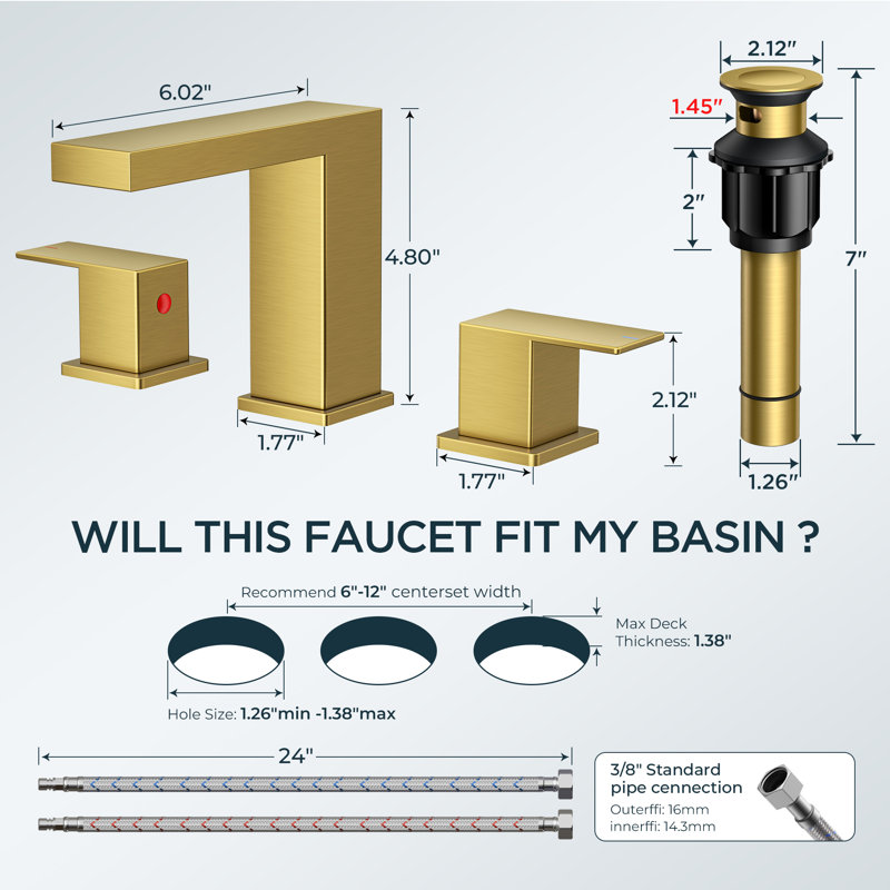 Widespread 2-handle Bathroom Faucet with Drain Assembly, Brushed Gold, 1.5