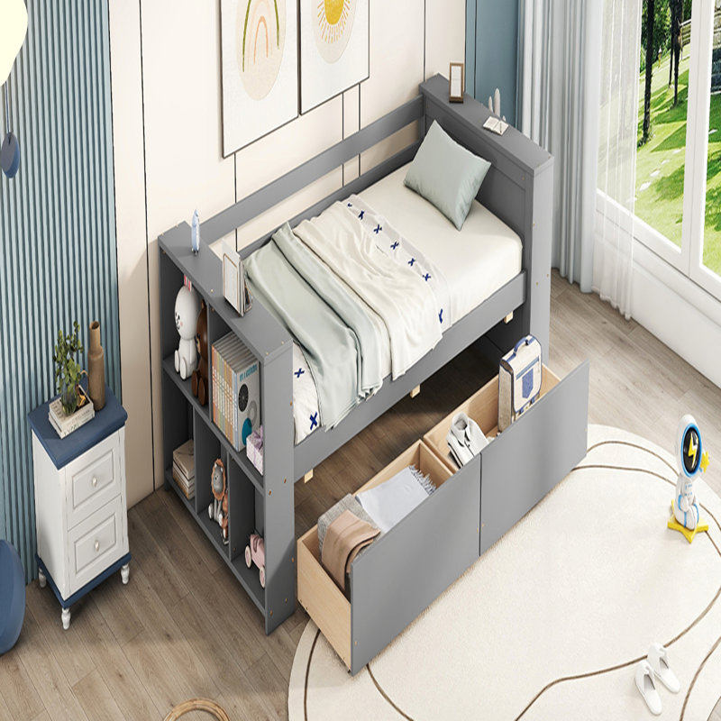 Lit de jour simple avec tablettes et tiroirs, Gris