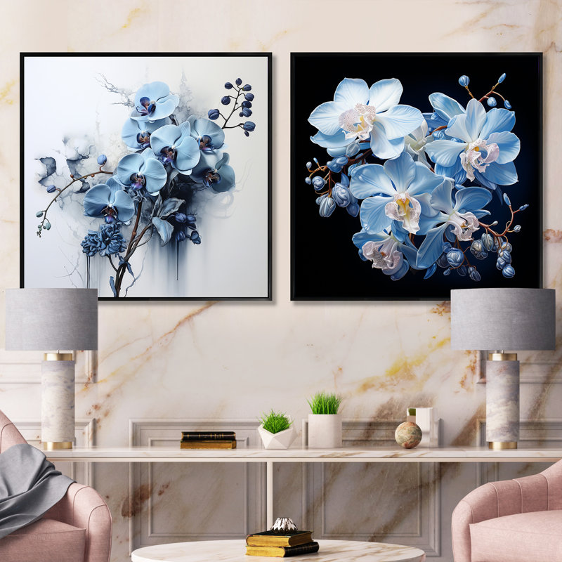 Minimalisme orchidée en fleurs dans délicat abstraction - ensemble de 2 orchidées carrées, Cadre flottant noir