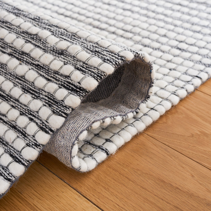 Ivory and Black Handwoven Wool Striped Area Rug, 5' x 8'