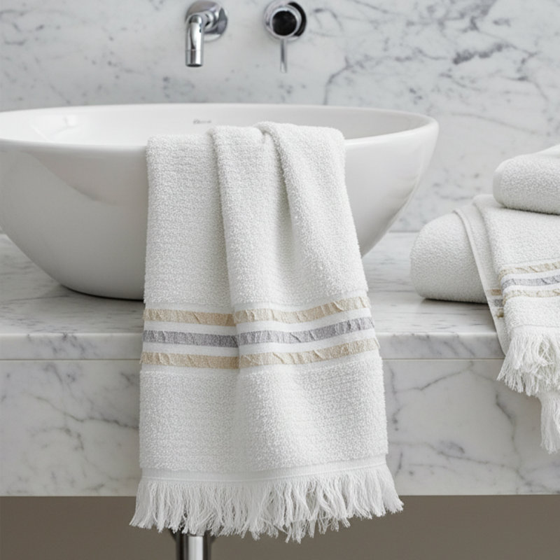 Fringe Bath Towel Set, White/Beige