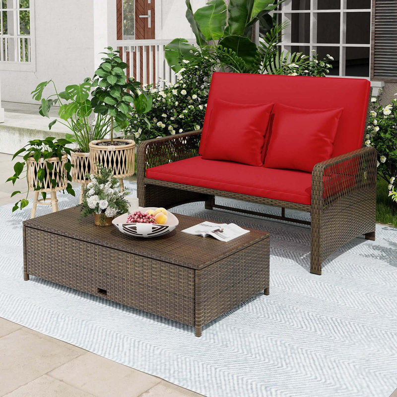 Patio Rattan Daybed Wicker Loveseat Sofa With Multifunctional Ottoman, Red