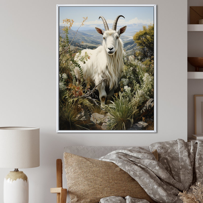 «White Meadow Buck Goat Peaks», art mural animal de chèvre, Cadre flottant blanc, 40" H x 30" W