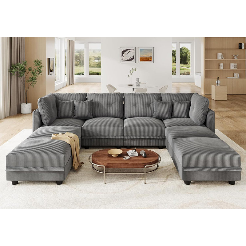 Degennaro 8 Seat Corduroy Convertible Modular Sectional Sofa With Storage, Gray Corduroy