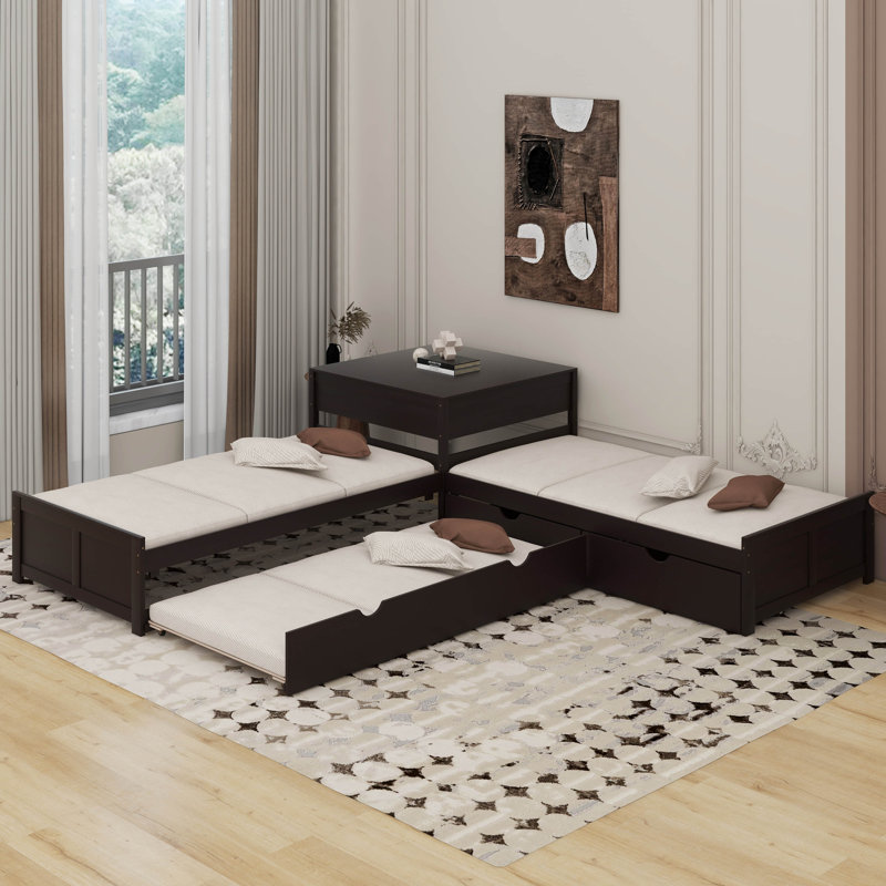 Lit plateforme simple en L avec lit gigogne et bureau, Espresso
