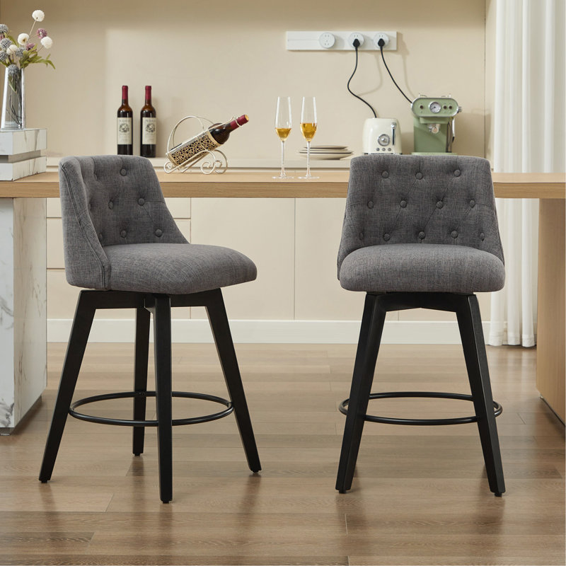 Ensemble de 2 tabourets de bar pivotants de 25 po de hauteur moderne avec revêtement en lin et dossier capitonné, tabourets de bar à cadre en bois massif pour îlot de cuisine, bar à déjeuner ou pub à domicile, assemblage facile