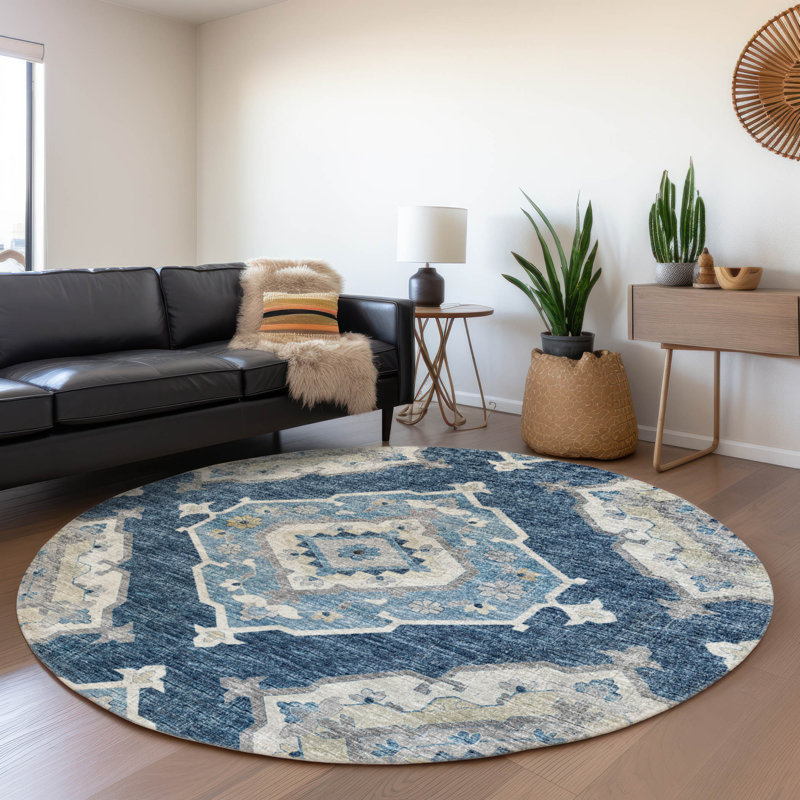 Premium Machine Washable Andreau AMF91 Blue Rug, Round 8'