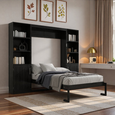 Lit escamotable en bois avec tablettes et armoires de rangement