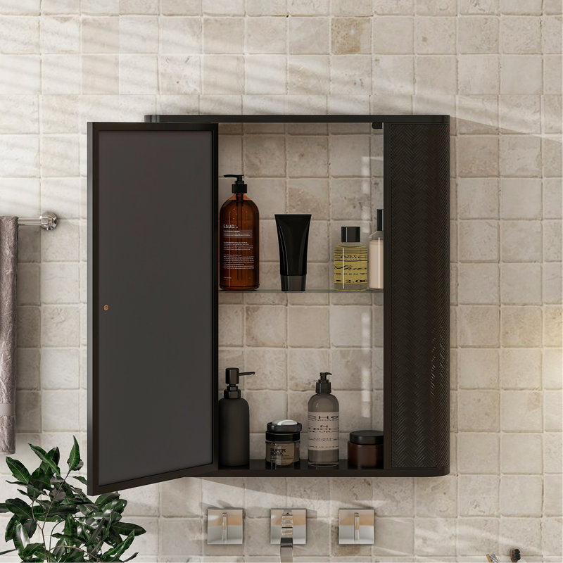 Armoire de salle de bain murale avec miroir, armoire à pharmacie avec porte en miroir en métal, 2 tablettes intérieures pour le rangement, style maison de campagne moderne, rangement pour toilette ou coiffeuse