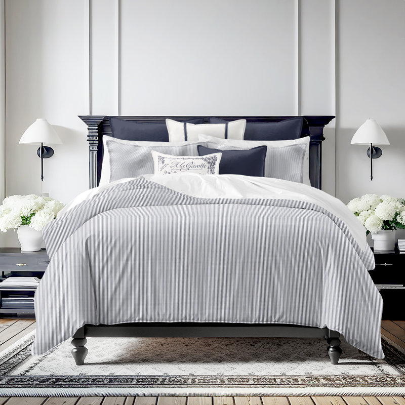 Jaxon Stripe Reversible Cotton Comforter Set, Full Comforter + 2 Standard Shams, Indigo