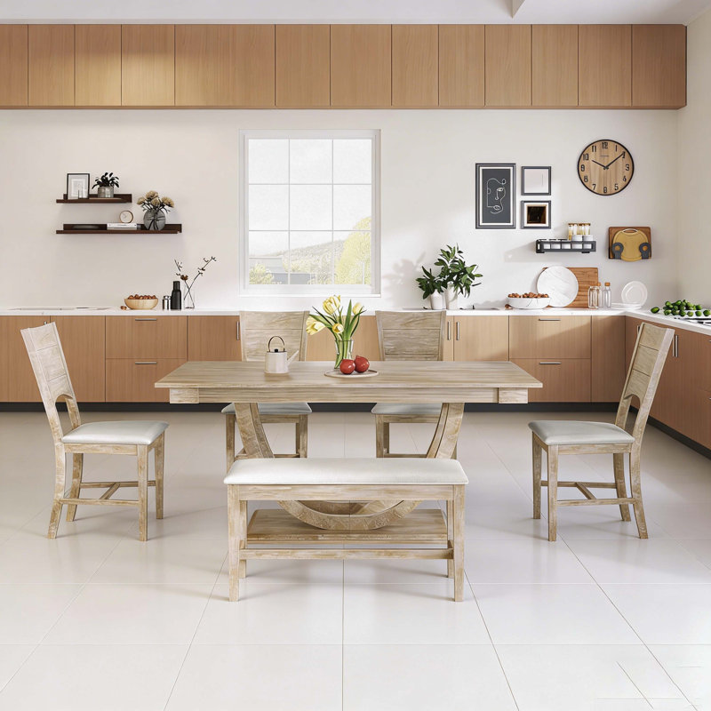 Ensemble de 6 tables de salle à manger en bois 6 pièces avec banc long et 4 chaises, style moderne, Seadrift, Beige