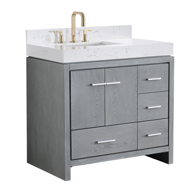 36 po X P 23 po D Meuble-lavabo gris avec plateau en pierre reconstituée et lavabo blanc