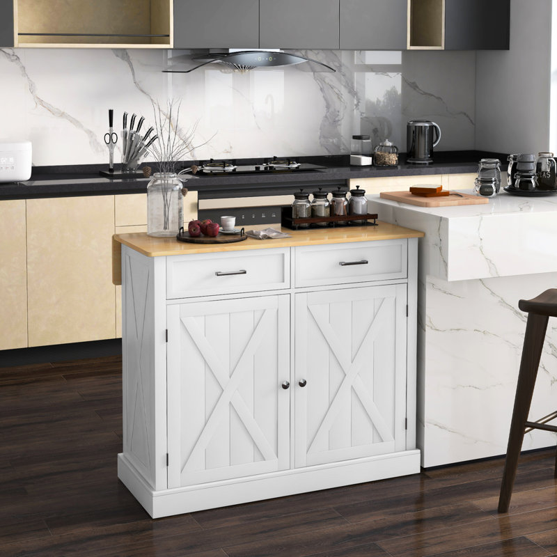 Îlot de cuisine blanc avec comptoir extensible - abattant, 2 tiroirs, plateau réglable pour chariot de salle à manger