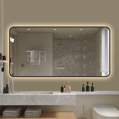 Wall Mirror With Rounded Corners Vanity Mirror, Temperature Display, Tri Color Light, Defogging, High-Quality Aluminum Alloy Frame, High-Definition Tempered Glass