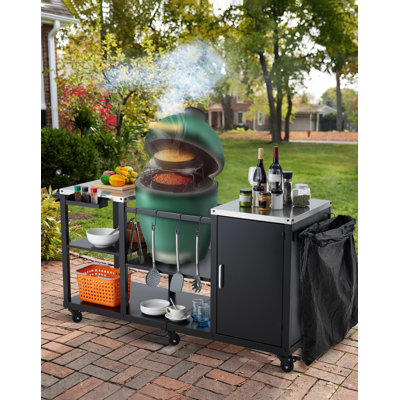 Outdoor Grill Table for Big Green Egg, Metal Grill Cart Table with Hooks and Racks, Heavy Duty Grill Stand Compatible with Large Big Green Egg, Kamado
