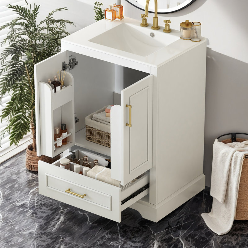 Meuble-lavabo simple 24 po avec plateau en céramique, 2 portes à fermeture douce et 1 tiroir divisé, Blanc