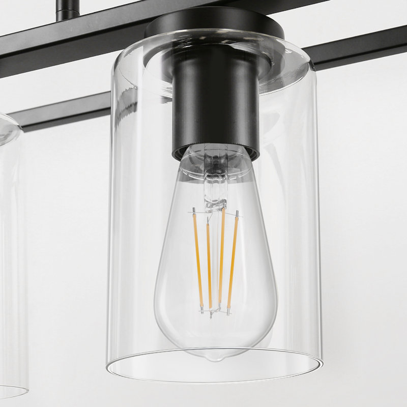 Luminaire suspendu pour îlot de cuisine noir mat à 5 lumières avec abat-jour en verre transparent Saramarie, Matte Black, 5