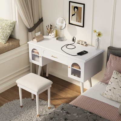 Elegant Vanity With Power Outlets, Ample Storage, And Soft - Closing Hydraulic Hinges Makeup Table Built In Power, Glass, Top