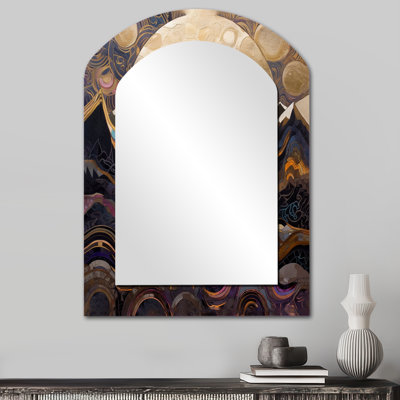 Golden Rising Moon II - grand miroir mural arqué, miroir décoratif asymétrique mauve, impression d'art