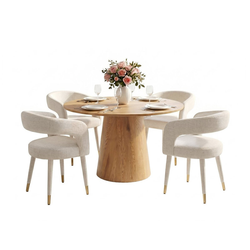 46" Round Dining Table Set For 4 With Upholstered Arm Chairs, Beige
