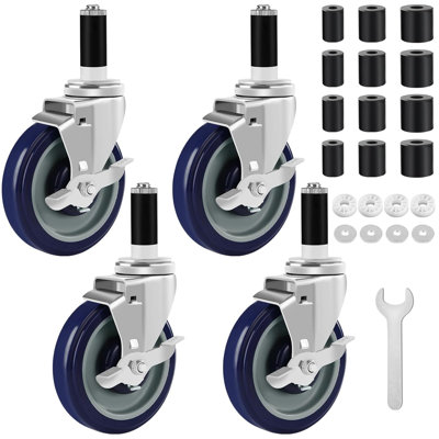 Adjustable Expanding Stem Casters Set of 4 with Brakes, 1400 Lbs Total Capacity Prep Table Wheels for Commercial Kitchen Workbench