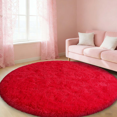 Tapis à poils longs ronds rouges, tapis moelleux antidérapant doux de 6 pi x 6 pi pour la chambre à coucher, le salon, la décoration pour adolescent