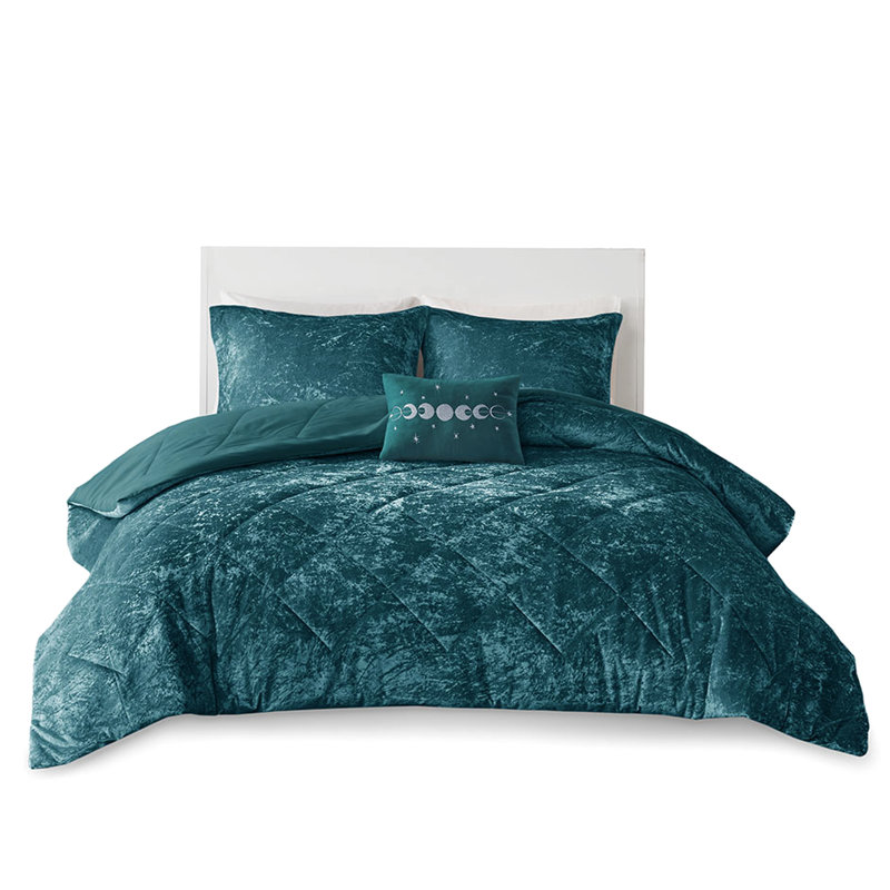 Édredon luxueux en velours sarcelle double / grand -, 2 taies décoratives, 1 coussin, diamant pour, inclus et oreillers
