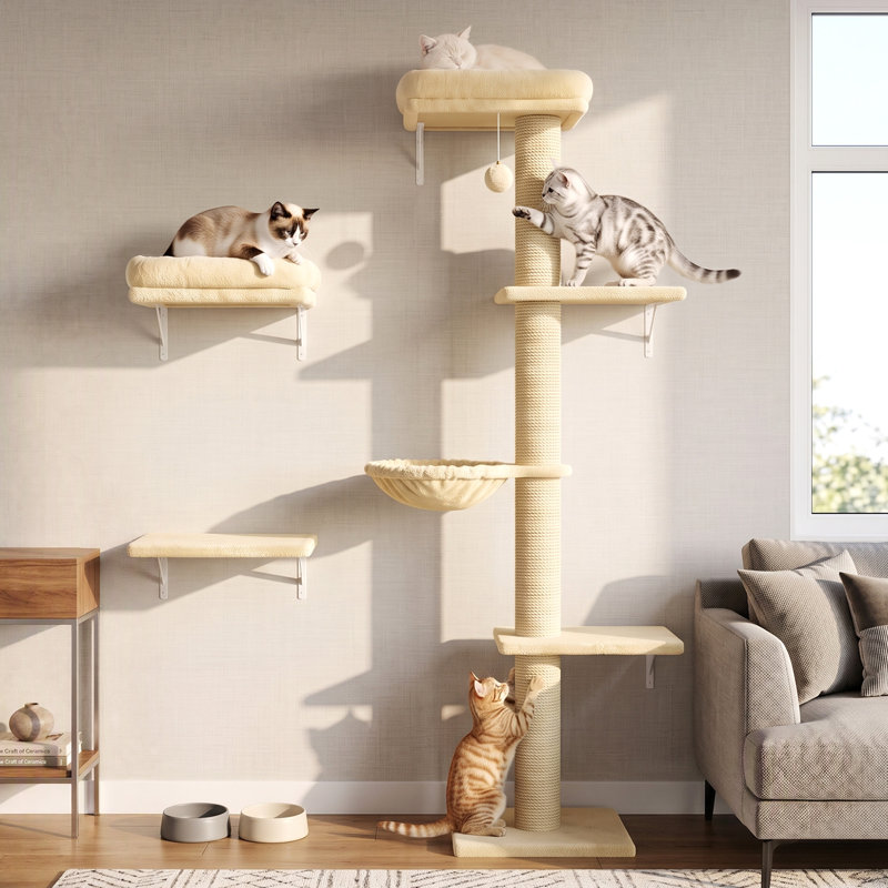 Étagères murales pour chats, ensemble de mobilier mural 3 en 1 avec griffoir, lits, plateformes, hamac et structure de jeu gain de place pour chatons d'intérieur, beige