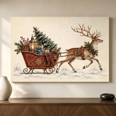 Tableau encadré sur toile avec cadre noir flottant, motif rennes et traîneau rouge, impression horizontale de Noël pour chambre d'enfant, 51 cm (H) x 76 cm (L)