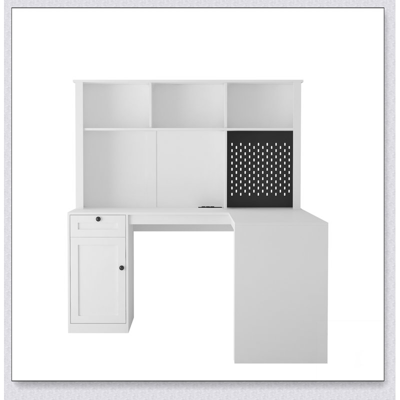 L Shaped Desk with outlet, Computer Desk with Drawers, Bookshelf & Hutch, White