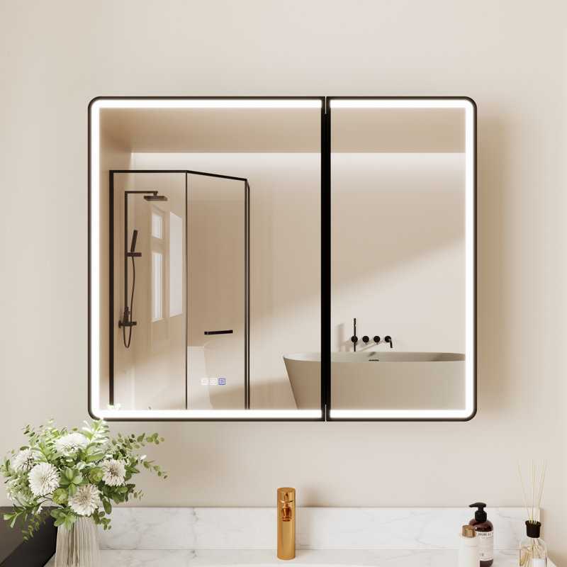 Pharmacie lumineuse encastrée ou à fixation en surface avec miroir, anti-buée, tablettes réglables et éclairage à DEL à intensité variable pour les petites salles de bain et les maisons modernes -