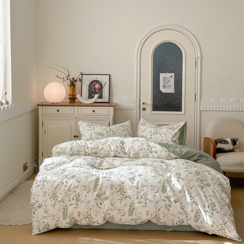 Floral Duvet Cover 100% Cotton Reversible Green Botanical Leaf Printd On White Comforter Cover