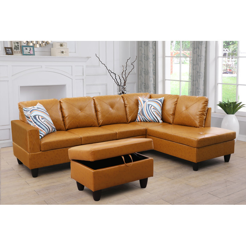 Faux Leather L-Shaped Sectional Left Hand Facing, Ginger Brown Faux Leather, Right Hand Facing