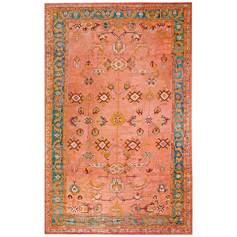 Tapis Oushak turc antique à motif géométrique Lage taille fond corail