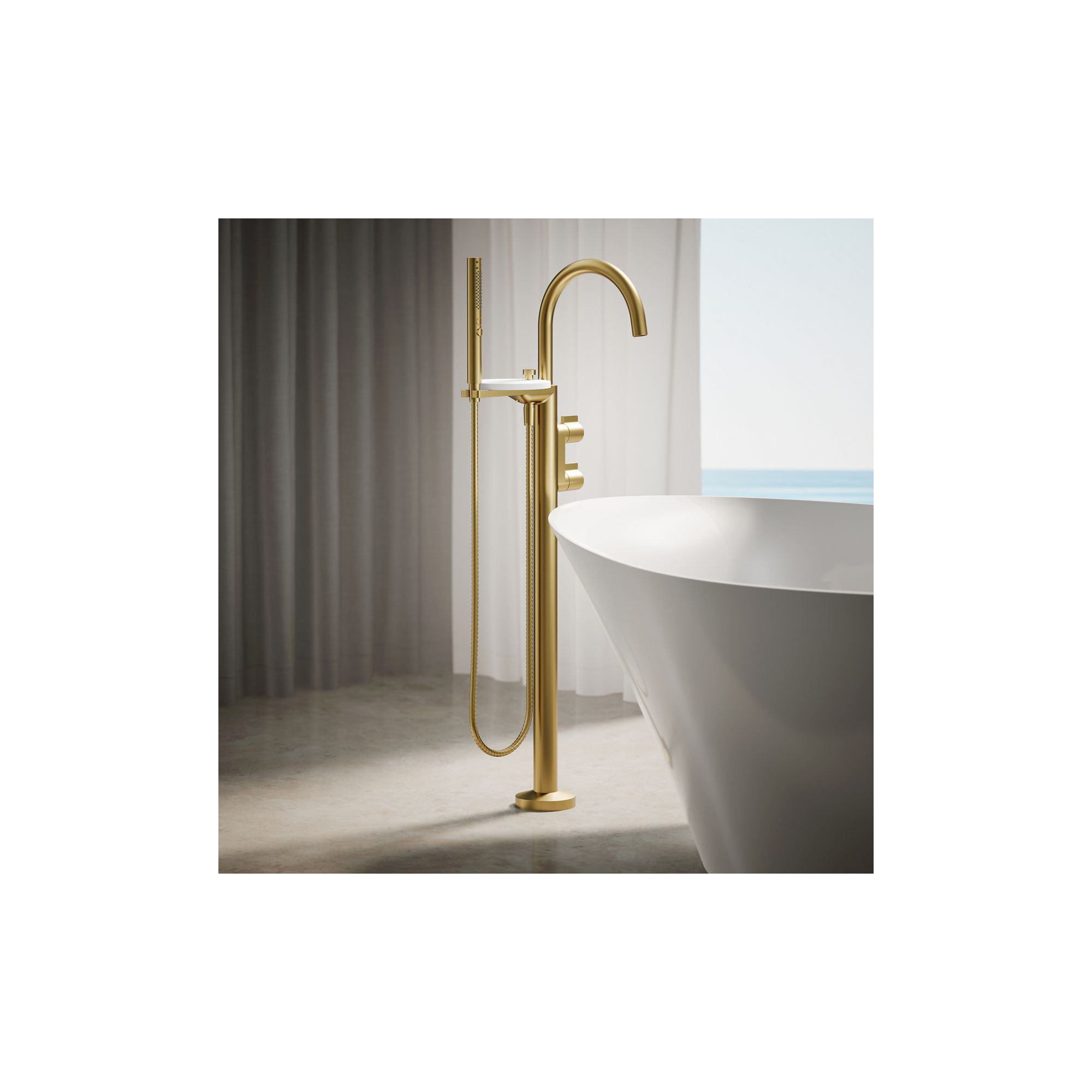 Components Floor-Mount Bath Filler Trim, Vibrant Brushed Moderne Brass, Knob Handle