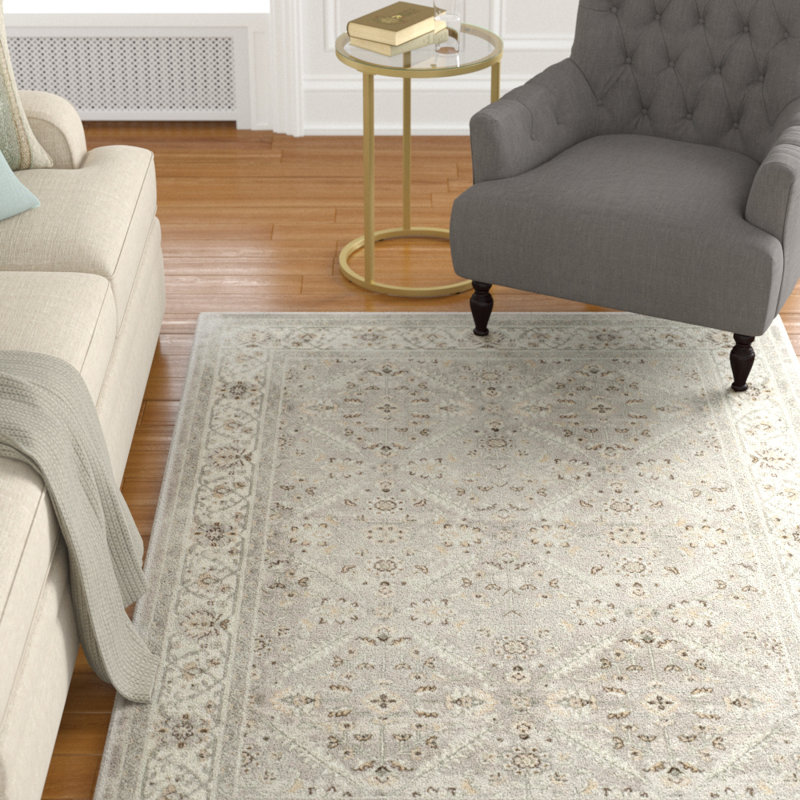Setser Garden Viscose Oriental Rug in Silver/Ivory, Rectangle 5'3" x 7'3"