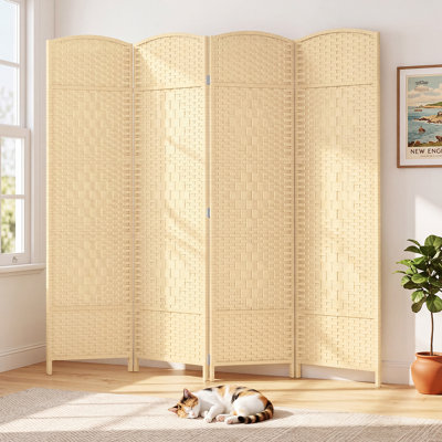  6ft Room Divider with Hand-Woven Design, 4-Panel Folding Privacy Screen Freestanding -